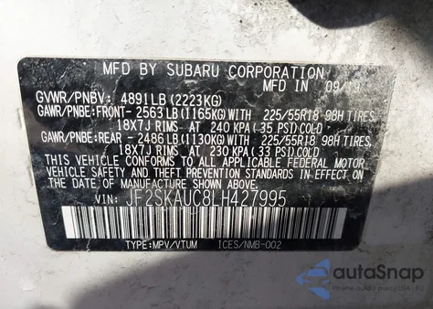 2020 Subaru Forester Limited из США, поврежденный, VIN JF2SKAUC8LH427995